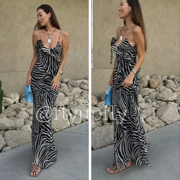Zara Ruffled Maxi Dress Zebra Size S - Picture 2 of 11